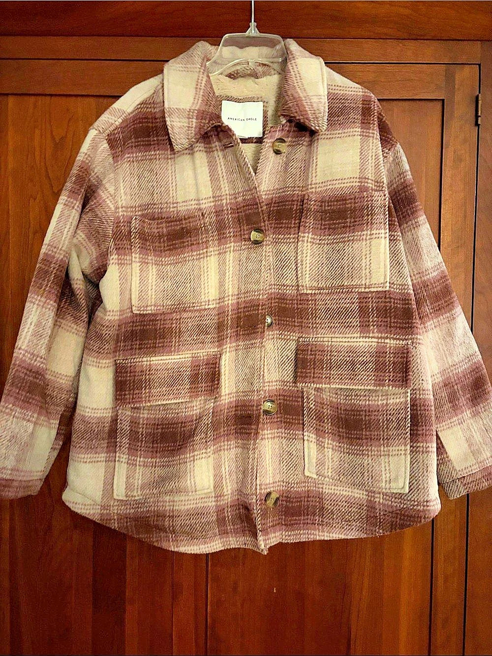 American Eagle AE Sherpa-Lined Plaid Shirt Jacket Brown & Cream